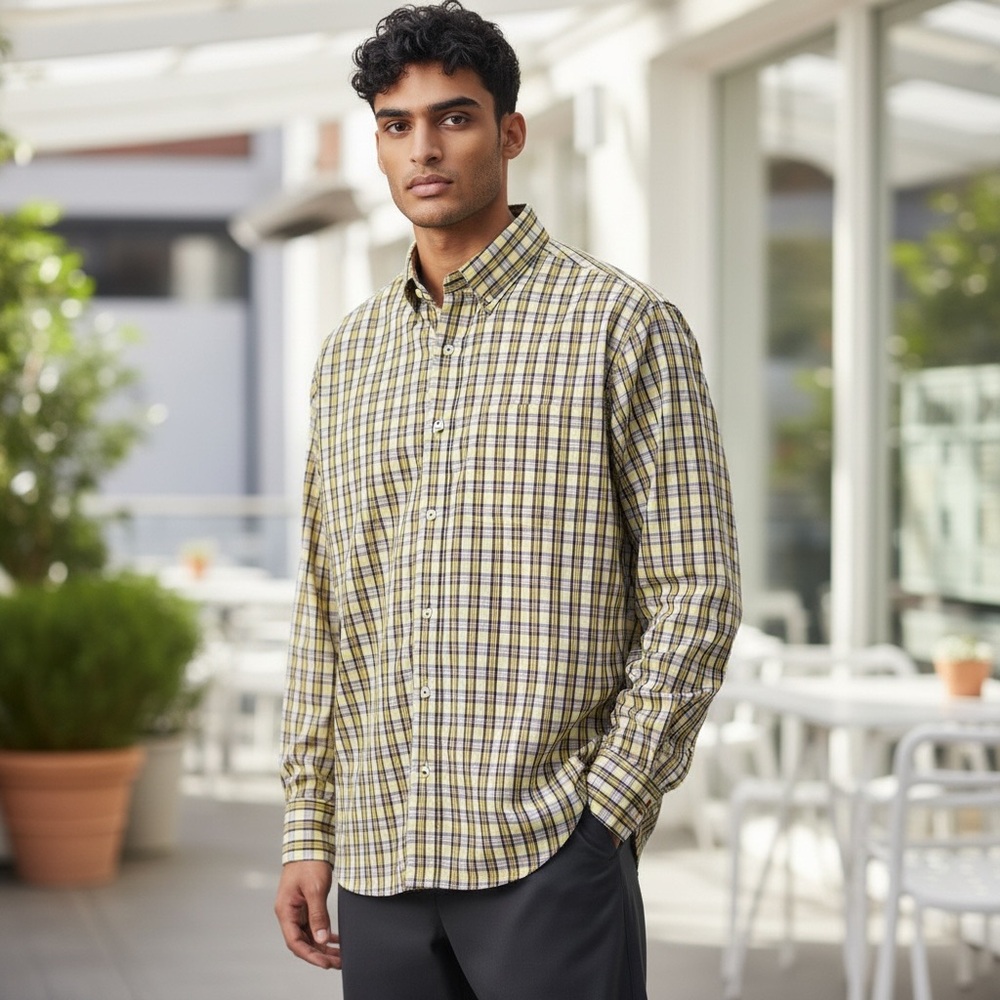 Hammer Made Men 15/38 Italian Fabric Yellow Plaid Performance Stretch Shirt L/S